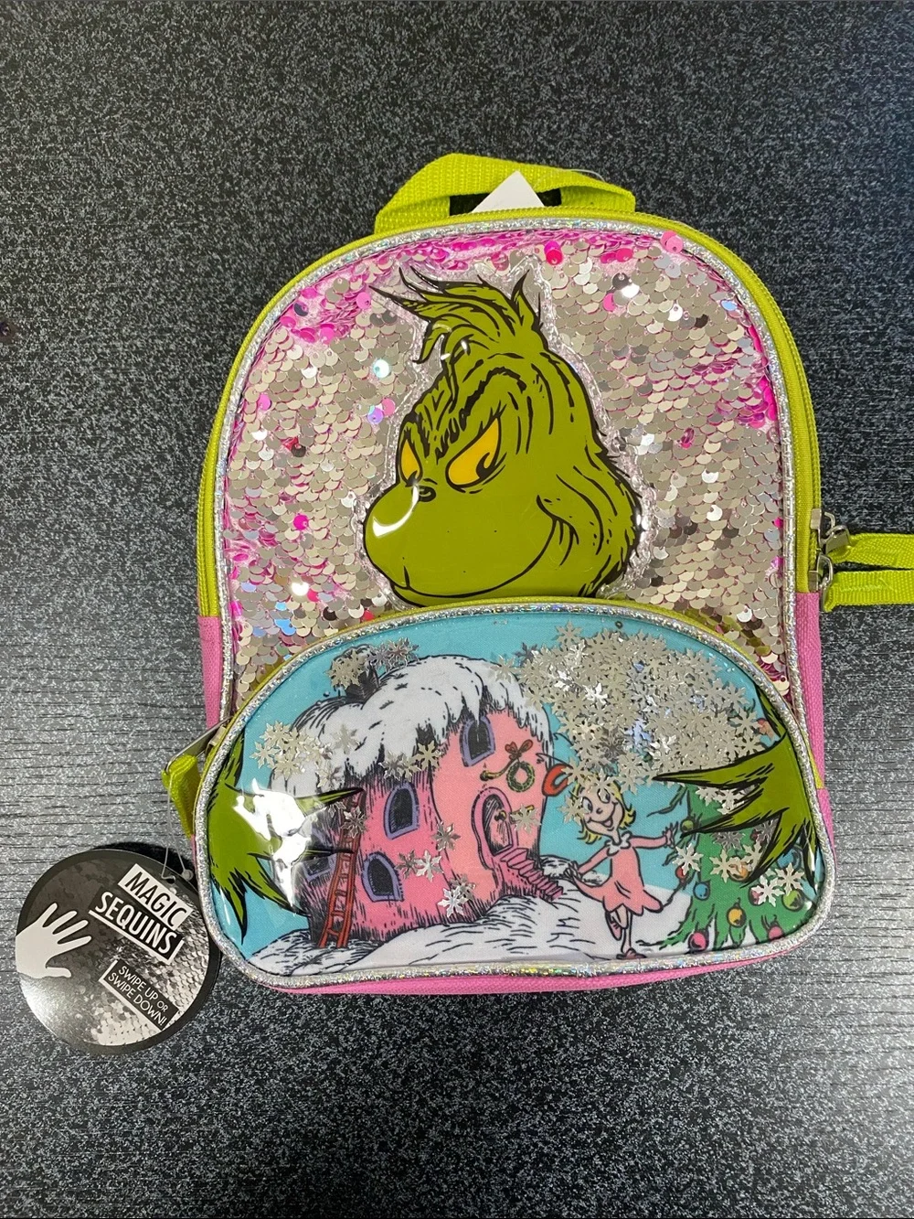 Kids Sequin the Grinch who stole Christmas mini small Backpack - Green & Pink